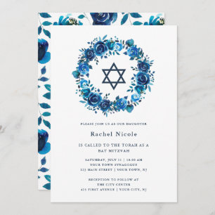 Invitation Florale Bleue et étoile de David  Bat mitzvah