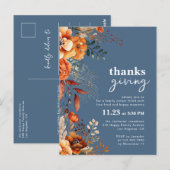 Invitation florale bleue pour le dîner de Thanksgi (Devant / Derrière)