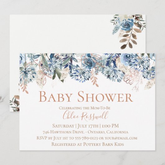 Invitation florale bleue poussiéreuse de baby (Devant / Derrière)