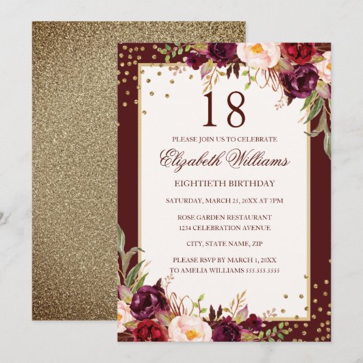 Invitation florale bordeaux dorée pour 18e anniver (Devant / Derrière)