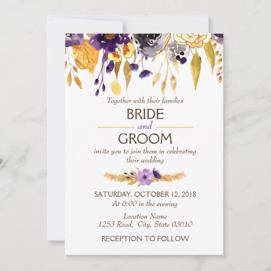 Invitation florale chic de Boho violet et jaune (Devant)