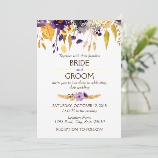 Invitation florale chic de Boho violet et jaune (Debout devant)