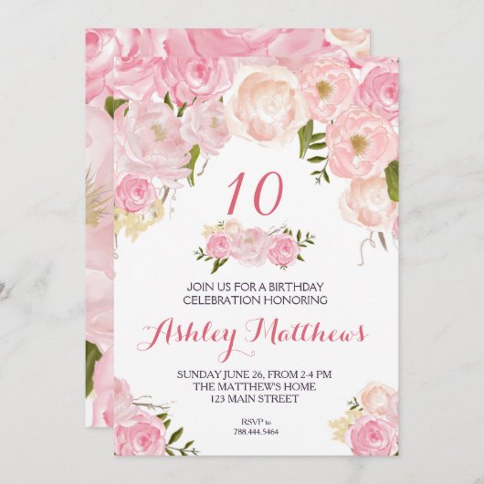 Invitation Florale d'anniversaire, (Devant / Derrière)