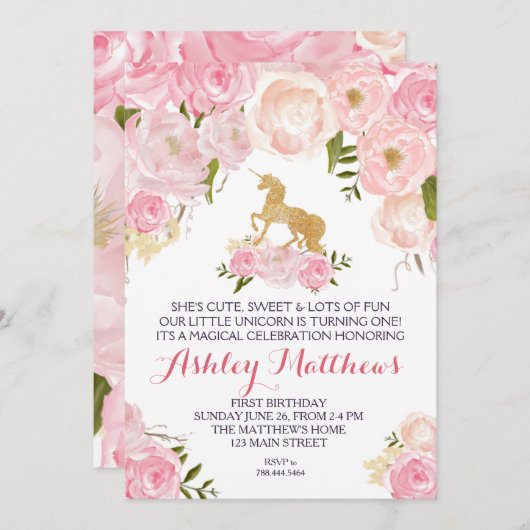 Invitation florale d'anniversaire de licorne (Devant / Derrière)