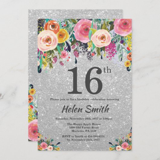 Invitation florale d'anniversaire de parties (Devant / Derrière)