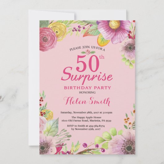 Invitation florale d'anniversaire de surprise (Devant)