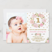 Invitation florale d'anniversaire, rose et dorée (Devant)