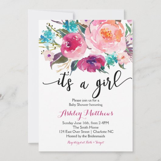Invitation florale de baby shower de boho rose (Devant)