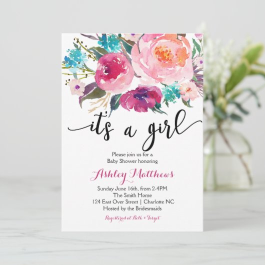 Invitation florale de baby shower de boho rose (Debout devant)