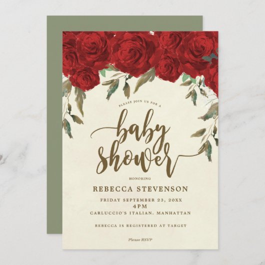 invitation florale de baby shower de roses rouges (Devant / Derrière)