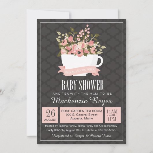 Invitation florale de baby shower de tasse de thé, (Devant)
