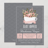 Invitation florale de baby shower de tasse de thé, (Devant / Derrière)