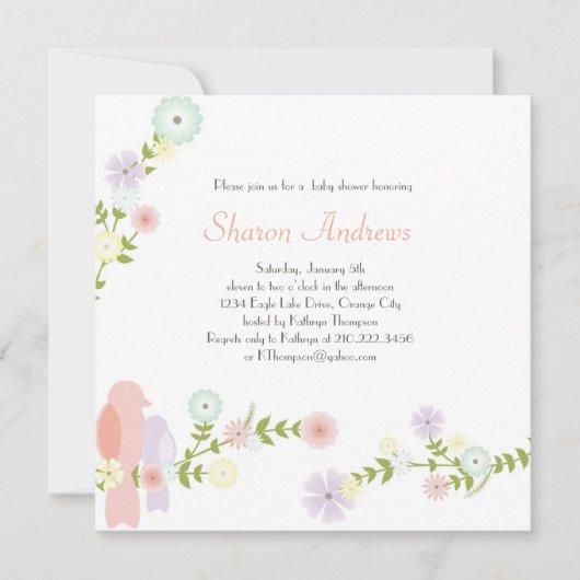 Invitation florale de baby shower d'oiseaux (Devant)