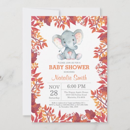 Invitation Florale de Bébé Éléphant pour une Baby (Devant)