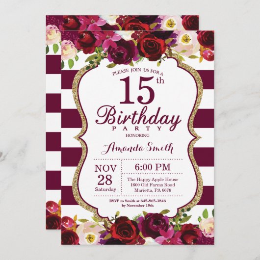 Invitation florale de fête d'anniversaire de (Devant / Derrière)