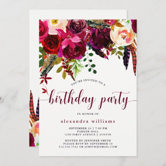 Invitation florale de fête d'anniversaire de Boho (Devant / Derrière)