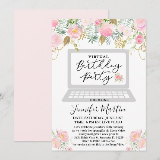 Invitation florale de fête d'anniversaire virtuell (Devant / Derrière)
