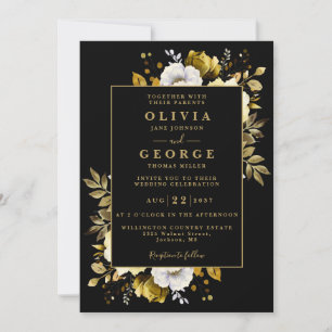 Invitation florale de jardin élégante noire et dor