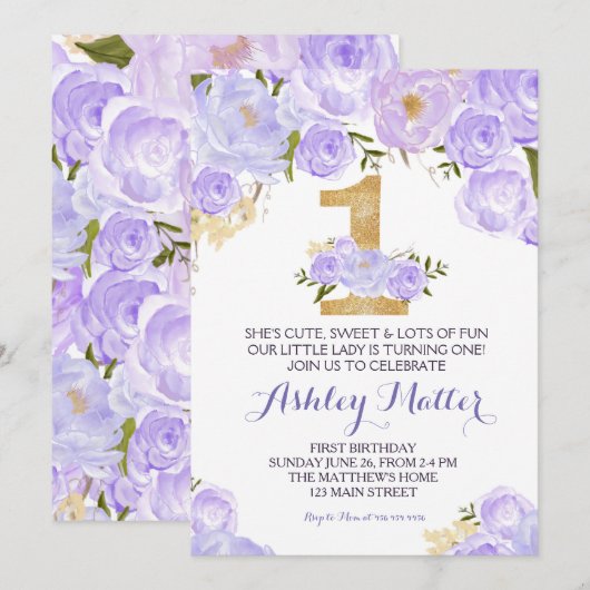 Invitation florale de première aquarelle pourpre (Devant / Derrière)