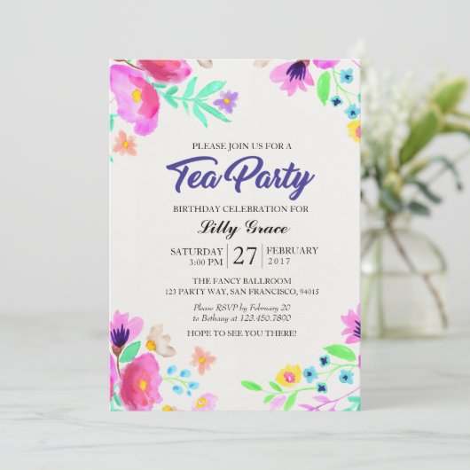Invitation florale de thé d'anniversaire (Debout devant)