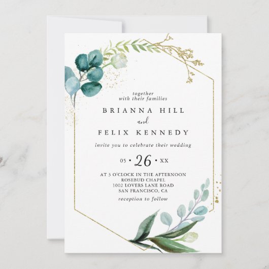 Invitation Florale d'or avec verdure tropicale Mariage Décont (Devant)