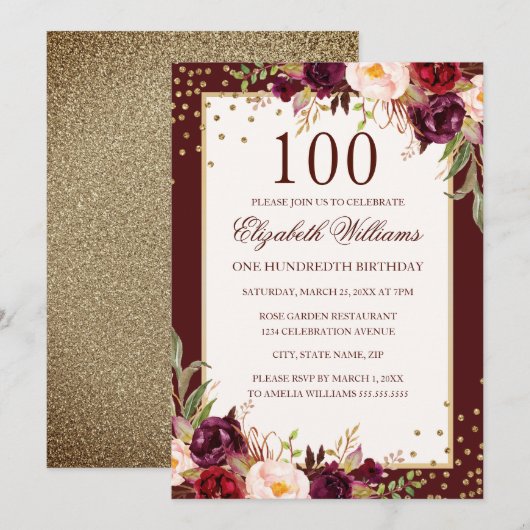 Invitation florale dorée de Bourgogne pour 100e an (Devant / Derrière)