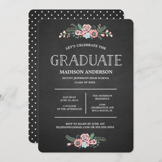 Invitation florale douce d'obtention du diplôme de (Devant / Derrière)