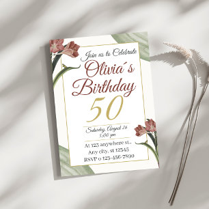 Invitation Florale Élégante 50 ans – Fleur dorée e