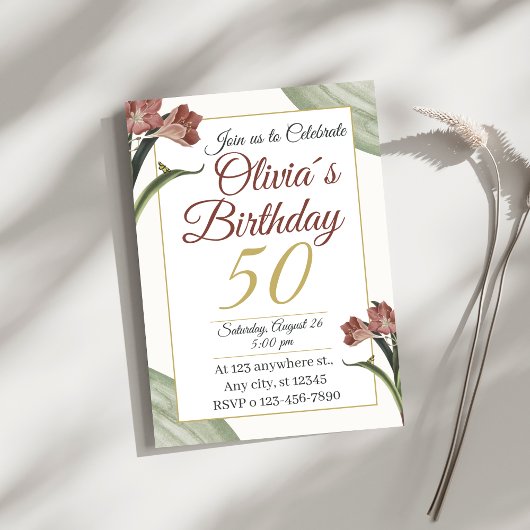 Invitation Florale Élégante 50 ans – Fleur dorée e