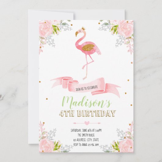 Invitation florale flamant rose (Devant)