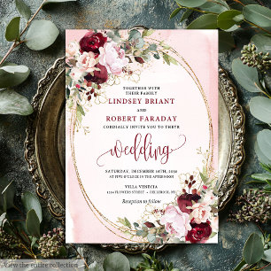 Invitation Florale Moderne Boho Bourgogne Rose Gol