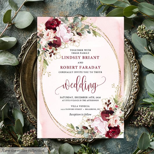 Invitation Florale Moderne Boho Bourgogne Rose Gol