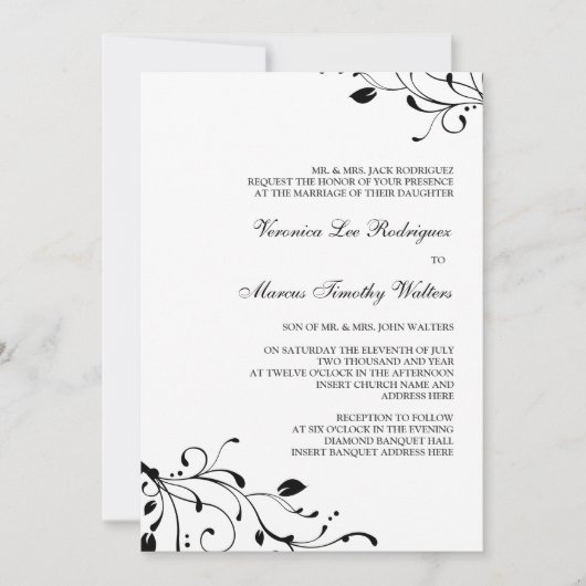 Invitation florale noire et blanche de décalque (Devant)