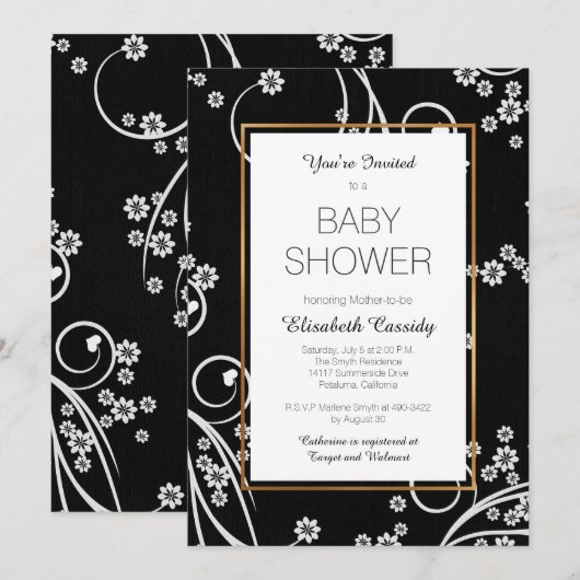 Invitation florale noire moderne de baby shower (Devant / Derrière)