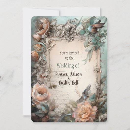 Invitation florale pastel rose bleu victorienne (Devant)