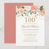 Invitation florale Peach Gold pour 100e anniversai (Devant / Derrière)