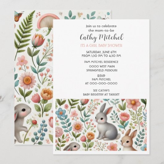 Invitation florale pour Baby Shower C'est une fill (Devant / Derrière)