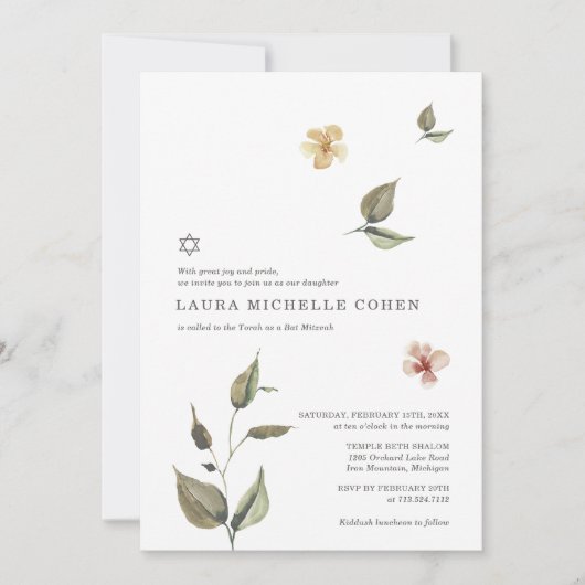 Invitation florale pour Bat Mitzvah botanique (Devant)