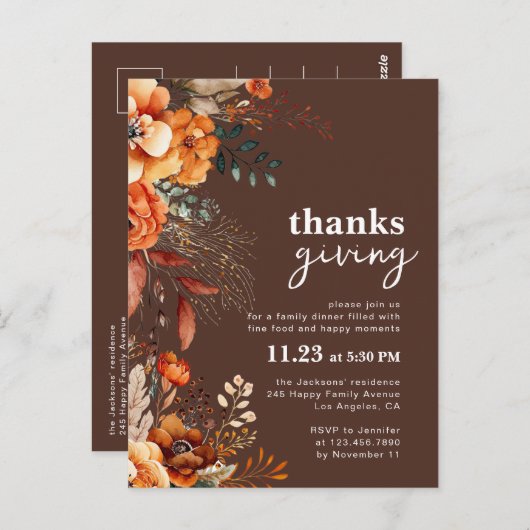 Invitation florale pour le dîner de Thanksgiving  (Devant / Derrière)