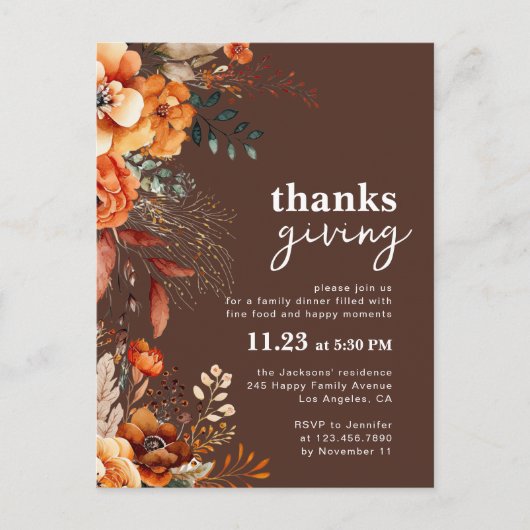 Invitation florale pour le dîner de Thanksgiving  (Devant)