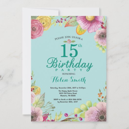 Invitation florale pour les 15 ans pour femmes sar (Devant)