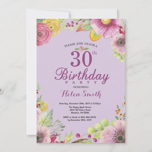 Invitation florale pour les 30 ans pour femmes Vio (Devant)