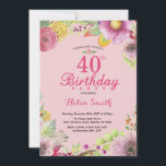 Invitation florale pour les 40 ans des femmes Rose<br><div class="desc">Invitation florale pour les 40 ans des femmes. Fleur aquarelle,  fond rose. Pour une personnalisation plus poussée,  veuillez cliquer sur le bouton "Personnalisez-le" et utiliser notre outil de conception pour modifier ce modèle.</div>