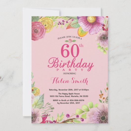 Invitation Florale pour les 60 ans des Femmes Rose (Devant)