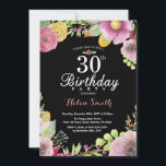 Invitation Florale pour les femmes du 30e annivers<br><div class="desc">Invitation Florale 30e anniversaire pour les femmes. Aquarelle florale,  rose,  noir arrière - plan en damier. Pour plus de personnalisation,  cliquez sur le bouton "Customiser" et utilisez notre outil de conception pour modifier ce modèle.</div>