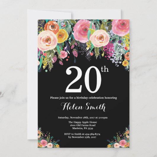 Invitation florale pour un 20e anniversaire (Devant)