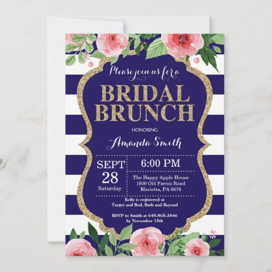 Invitation Florale pour un brunch nuptial bleu et (Devant)