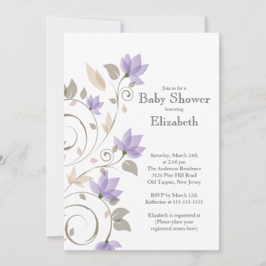 Invitation florale pourpre moderne de baby shower (Devant)