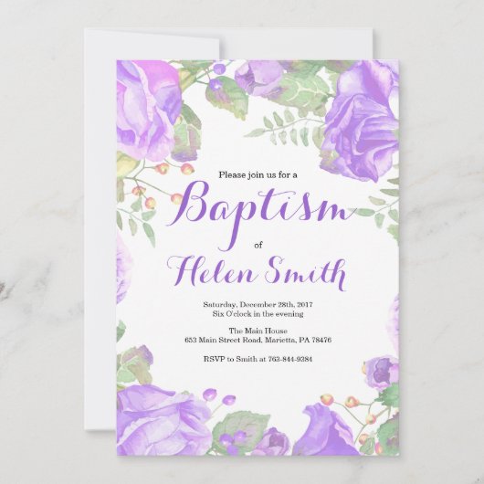 Invitation Florale Purple Girl Baptism (Devant)