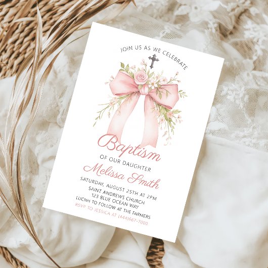 Invitation florale rose bow